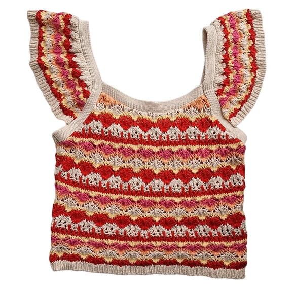 blue pepper Crochet Cottage 70s Boho Flatter sleeve Tank Top Low Back M Red - Picture 1 of 8